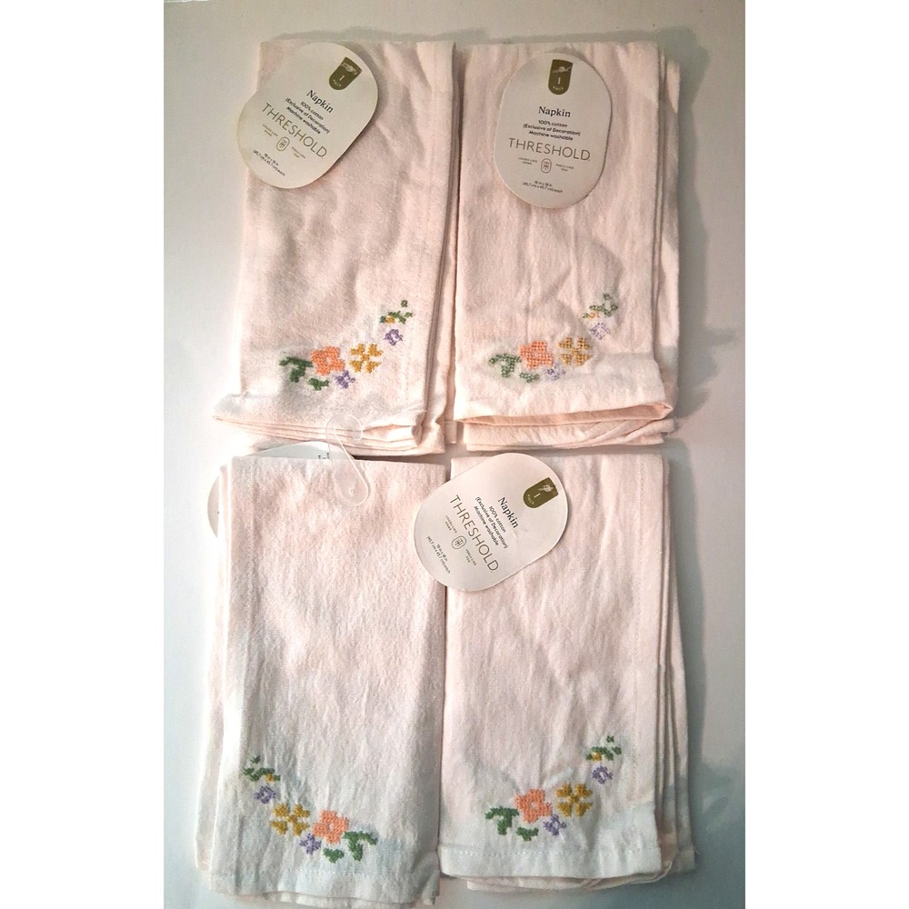 Lot of 4 Threshold Embroidered Napkins 100% Cotton Cross Stitch Flowers 18"x 18"